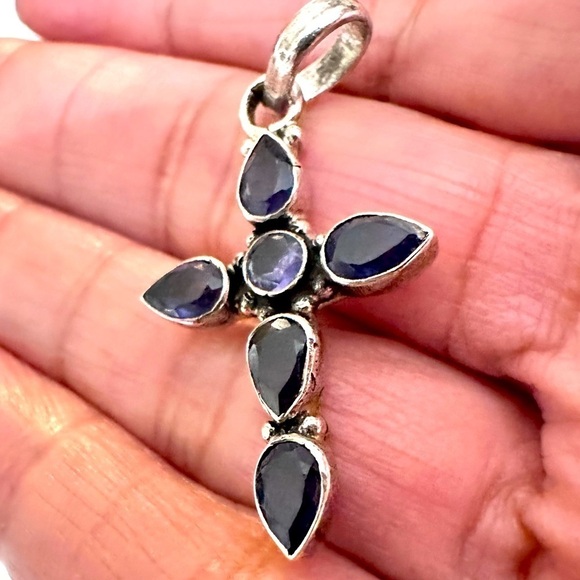 CROSS Amethyst Pendant Sterling Silver Pave Set Deep Purple Tear Drop Round 4030 - Picture 1 of 10